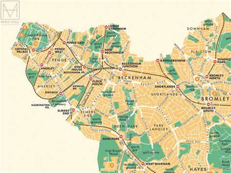 Bromley (London borough) retro map giclee print – Mike Hall Maps ...