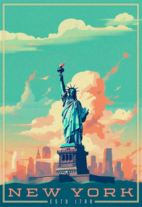 Statue of liberty with skyline in the background and fluffy clouds. The ...