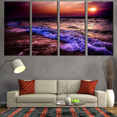 Ocean Waves Canvas Wall Art, Orange Sunset Ocean Sky 4 Piece Canvas, B – Dwallart