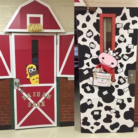 two doors decorated to look like farm animals and barnyards, one with a cow on it