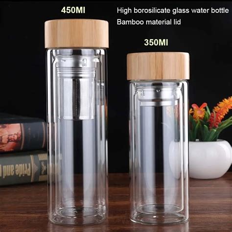 Double Wall Glass Bamboo Water Bottle With Infuser Filter Strainer Anti ...