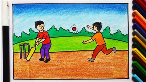 Children Playing Cricket Drawing