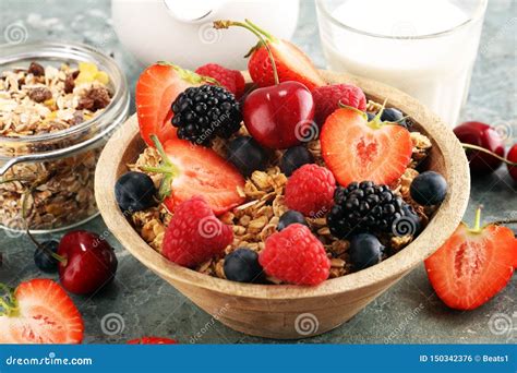 Cereal. Bowl of Granola Cereals, Fruits and Milk for Breakfast. Muesli ...