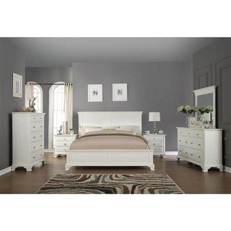 Roundhill Furniture Laveno 012 White Wood Bedroom Furniture Set, Includes Queen Bed, Dresser ...