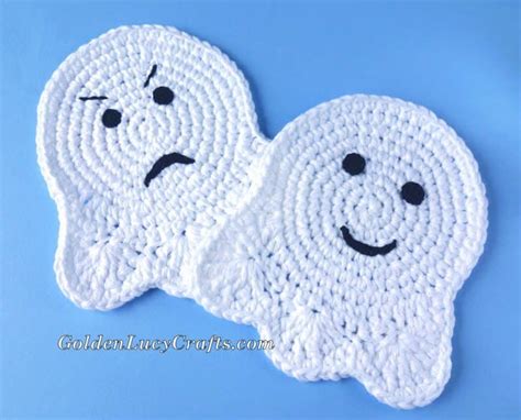 Crochet Ghost Coaster, Appliqué, Motif - New Pattern - GoldenLucyCrafts