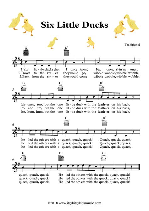 Six little ducks that i once knew | Sheet Music With Chords And Lyrics