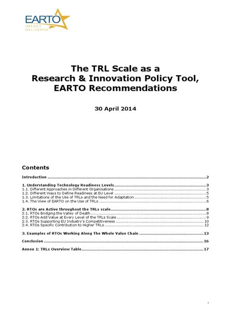 The TRL Scale As A R I Policy Tool - EARTO Recommendations - Final | PDF | Innovation ...