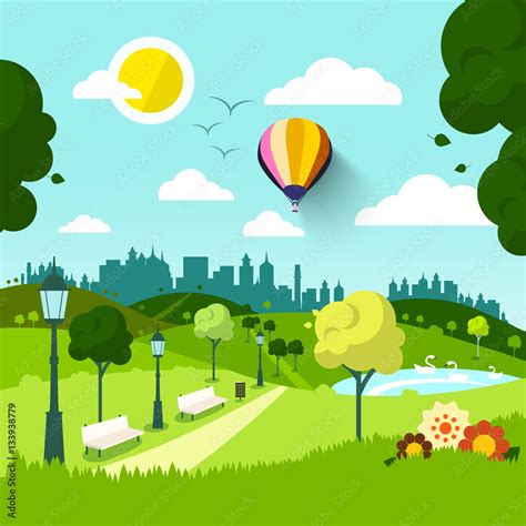 City Park. Vector Nature Landscape. Green Natural Scene with Flowers. Sunny Day in Town. Stock ...