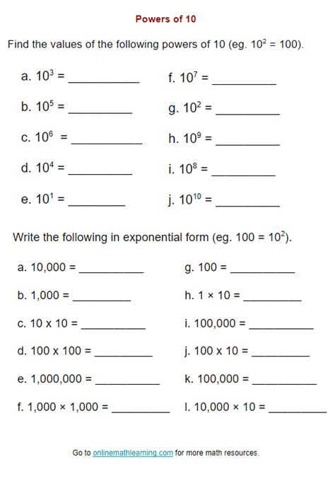 Powers of Ten Worksheet (printable, online, answers)