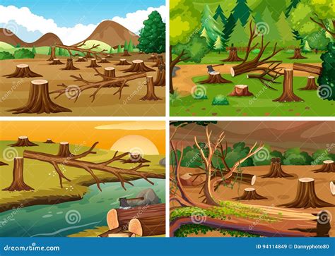 Cuatro Escenas De La Tala De árboles Ilustración del Vector ...