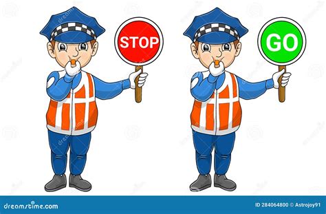 Traffic Official Cartoon with Stop and Go Sign Stock Photo - Illustration of transparent, people ...