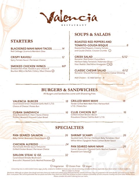 Valencia Restaurant menus in Winter Garden, Florida, United States