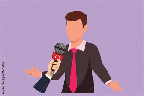 Cartoon flat style drawing young businessman giving an interview in the presence of journalists ...