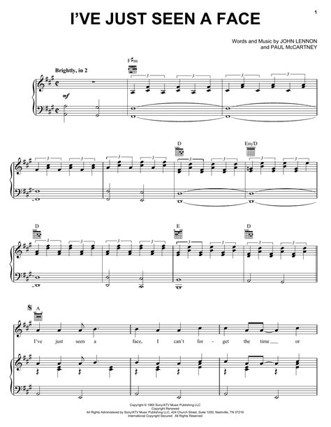 I've Just Seen A Face by The Beatles Sheet Music for Piano, Vocal & Guitar Chords (Right-Hand ...