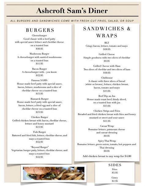 Menu at Ashcroft Sam's Diner restaurant, Ashcroft