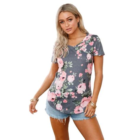 Spring Summer Women Flower Printing TShirts Lady Short Sleeve V Neck ...