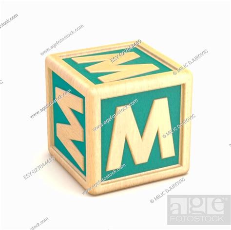 Letter M wooden alphabet blocks font rotated. 3D render illustration isolated on white ...