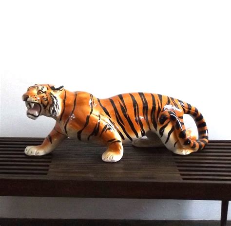 vintage 1970's large 30" tiger statue ceramic figure figurine animal bengal cat sumatran orange ...