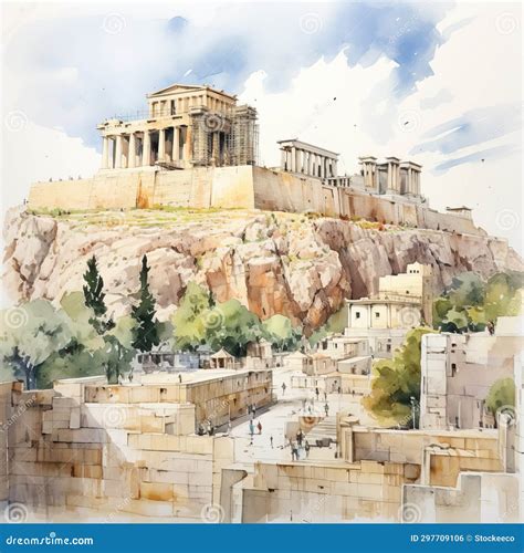 Watercolor Painting of the Parthenon and Acropolis in Detailed ...