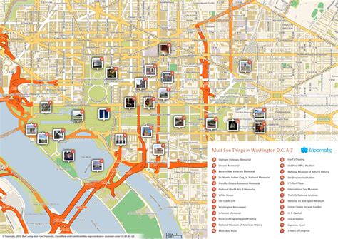 Map of Washington DC tourist: attractions and monuments of Washington DC