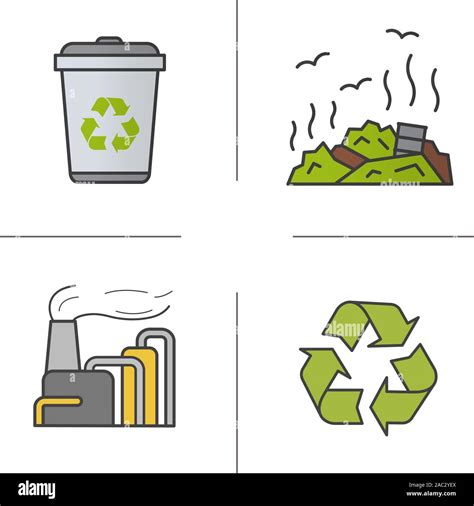 Waste management color icons set. Recycle bin symbol, rubbish dump ...