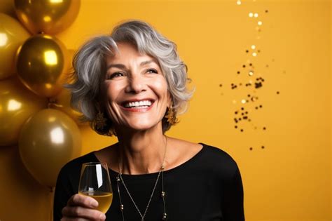 Premium Photo | Happy Mature woman with Grey Hair Celebrating New Years ...