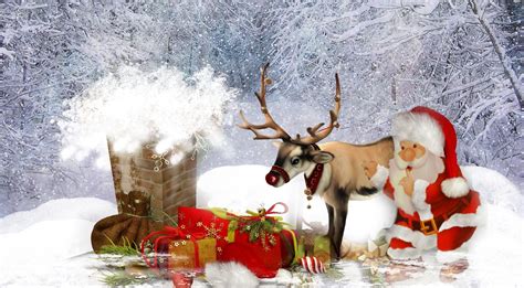 Wallpaper : deer, snow, winter, Christmas, reindeer, Santa Claus, season, roof, gifts, mammal ...