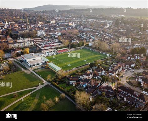 Dorking, Surrey, UK- Aerial view of Dorking Wanderers FC stadium Stock Photo - Alamy