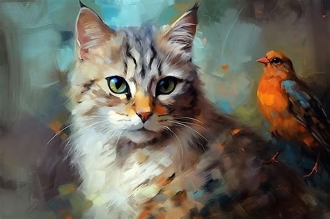 Premium AI Image | A painting of a cat and a bird.