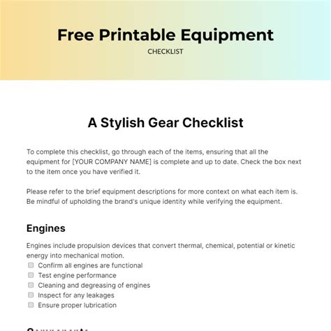 FREE Equipment Checklist Templates Equipment Checklist Form Excel ...