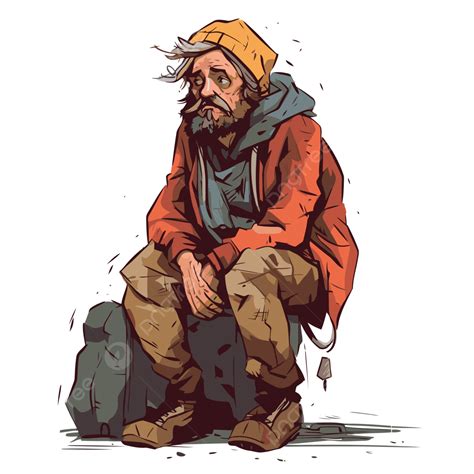 Homeless Man Vector, Sticker Clipart Elderly Homeless Man Sitting On ...