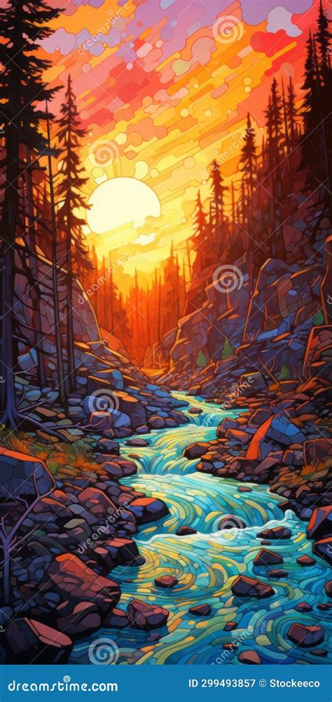 Sunny Sunset River Painting in Dan Mumford Style Stock Illustration - Illustration of tranquil ...