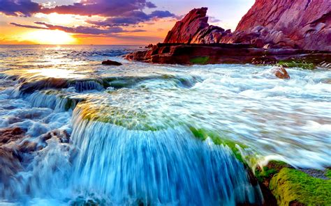 Download Cloud Sunset Coast Nature Waterfall Ocean HD Wallpaper