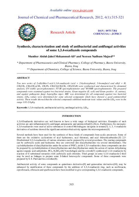 (PDF) Synthesis, characterization and study of antibacterial and antifungal activities of some 1 ...