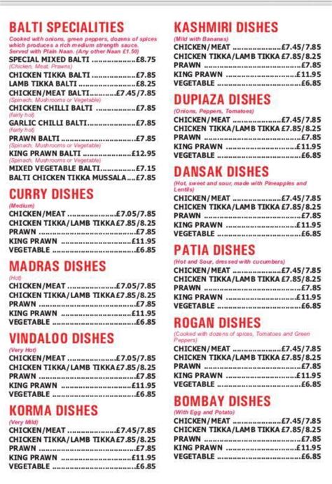 Menu at Bengal Spice restaurant, Paignton