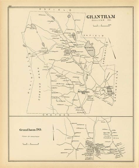 Grantham Town, Grantham P.O., New Hampshire 1892 Old Town Map Reprint ...