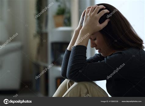 Profile Portrait Desperate Sad Woman Complaining Alone Dark Home Night Stock Photo by ...