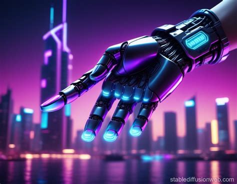 Robotic Hand Meets Human Hand in Futuristic City | Stable Diffusion Online