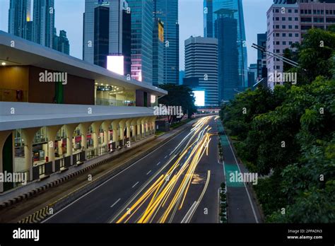 Jakarta, Indonesia. April 23, 2023. The city light trails against the ...