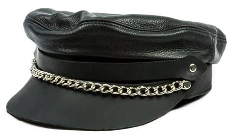 Mascorro Men's Flat Top Genuine Leather Biker Cap with Chain, Black Leather C58 - Wisconsin ...