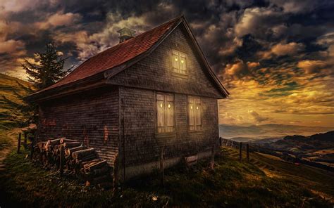 Mountain Cabin at Night, architecture, houses, cabins, clouds, sky, night, HD wallpaper | Peakpx