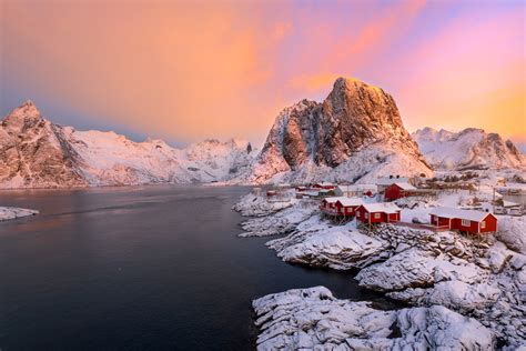 Lofoten Islands Norway Red Cabins In Winter Fine Art Print | Photos by Joseph C. Filer