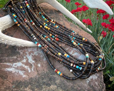 Ten Strand Dark Brown Pen Shell Heishi Necklace with Squaw Wrap, Santo Domingo Pueblo Jewelry