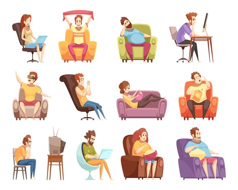 Sedentary Lifestyle Retro Cartoon Icons Set 470450 Vector Art at Vecteezy