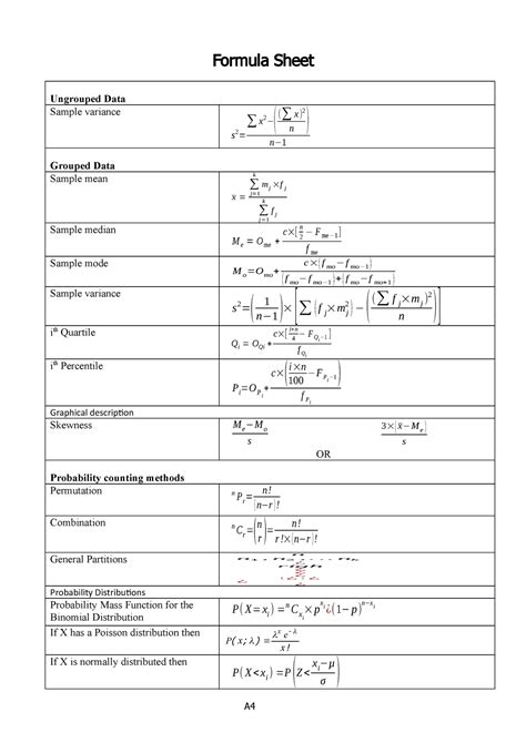 STATISTICS FORMULA SHEET - Formula Sheet Ungrouped Data Sample variance ...