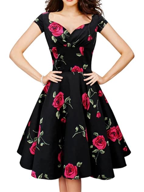 V Neck High Waist Elegant Red Rose Flower Floral Print Dress Retro Plus ...