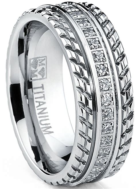 Mens Titanium Wedding Band Engagement Eternity ring with Cubic Zirconia ...