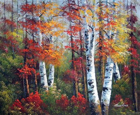 aspen tree paintings | Aspen Tree Forest Autumn Colors Red Yellow Leaves 20X24 Stretched Oil ...
