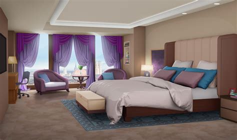 a large bed sitting in a bedroom next to two purple chairs