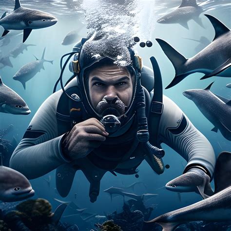 Premium AI Image | a man doing scuba diving in the ocean with sharks